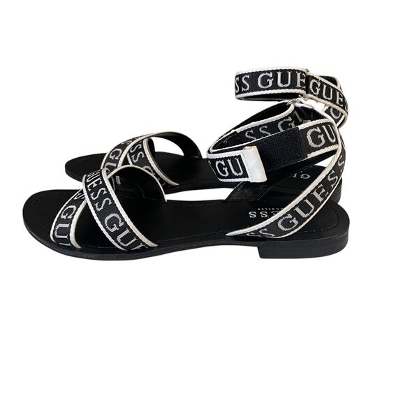 Guess Black White Logo Ankle Strap Flat Sandals Casual Summer Trendy Size 7M - Picture 12 of 13